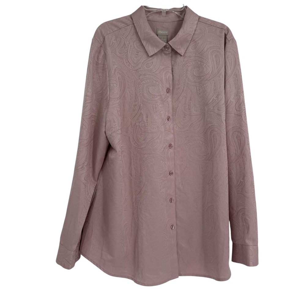 Chicos Satin Paisley Print Blouse with Button Cuff Sleeves Size 2 (L) mauve